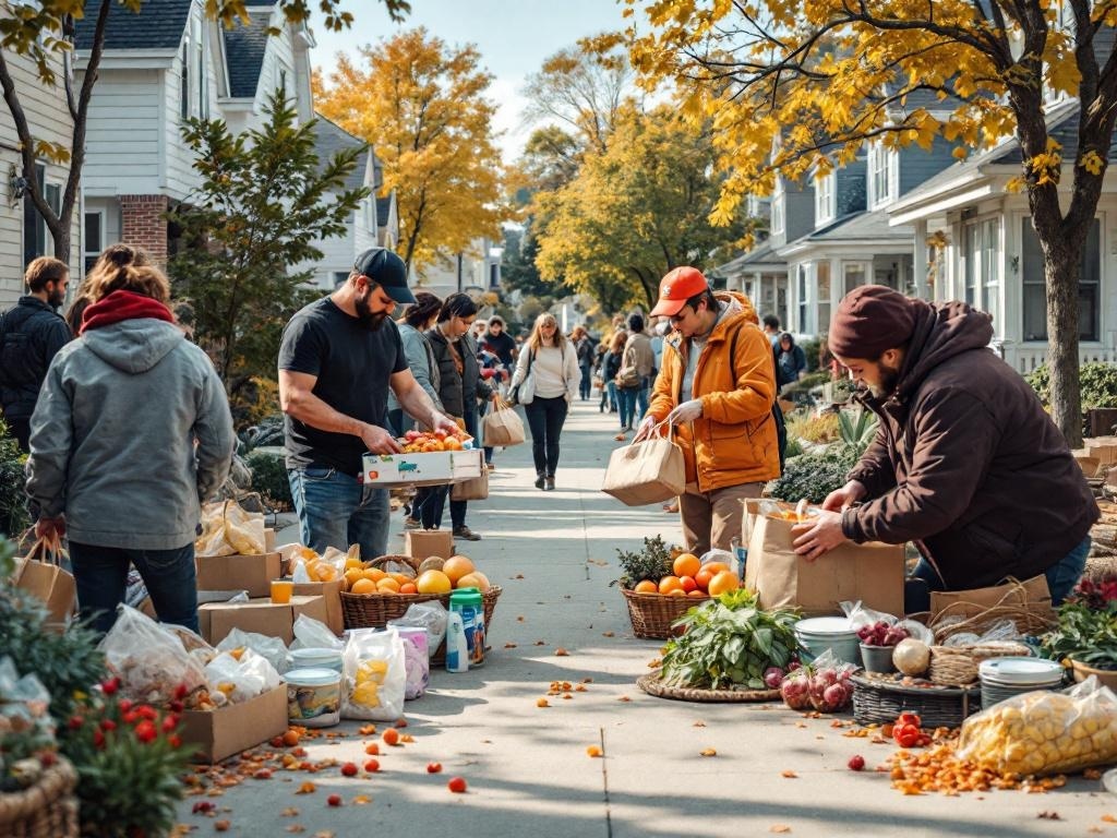 A community sharing event with people exchanging fruits and vegetables on a sunny day.