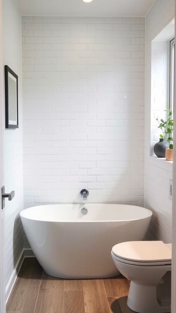 A modern compact bathtub in a stylish tiny bathroom with white tiles and wooden flooring.