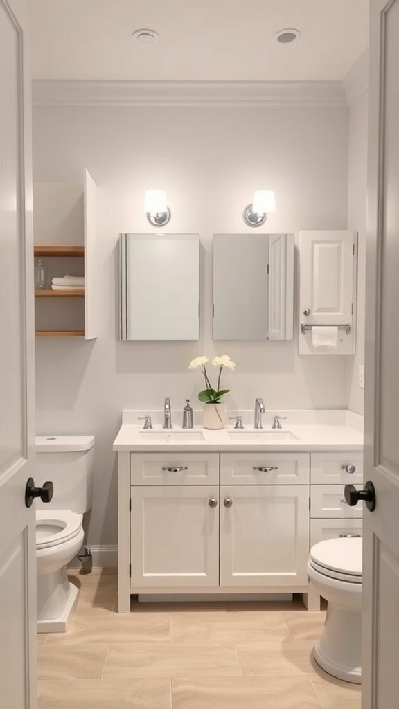 A compact double vanity in a small bathroom featuring white cabinetry, chrome fixtures, and a potted plant.