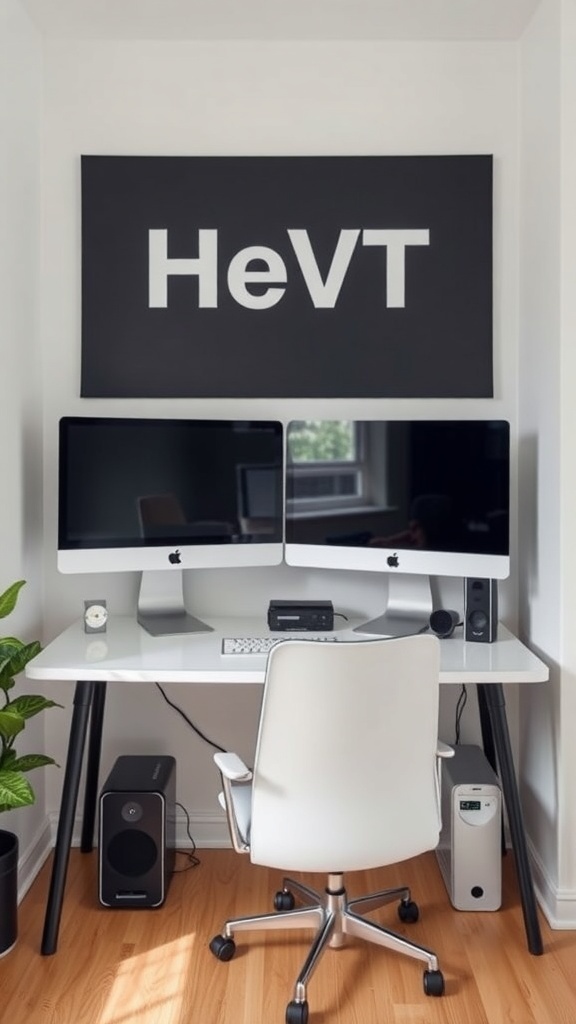 Compact dual monitor setup with a sleek white desk and modern design.