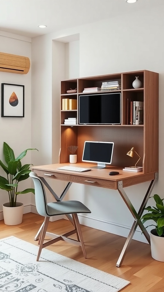 Compact folding desk with storage and modern design in a home office