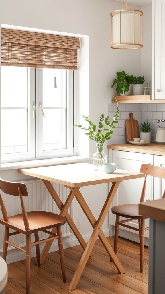 A compact folding table with two chairs in a small kitchen near a window, featuring natural wood finishes and plants.