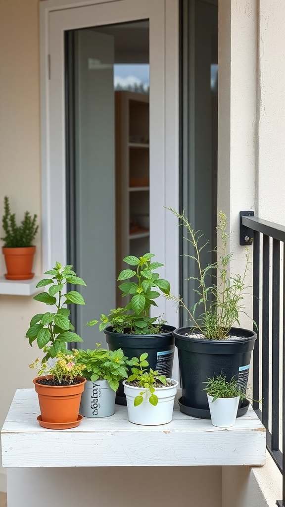 A compact herb garden on a balcony with various potted herbs including mint, basil, and rosemary.