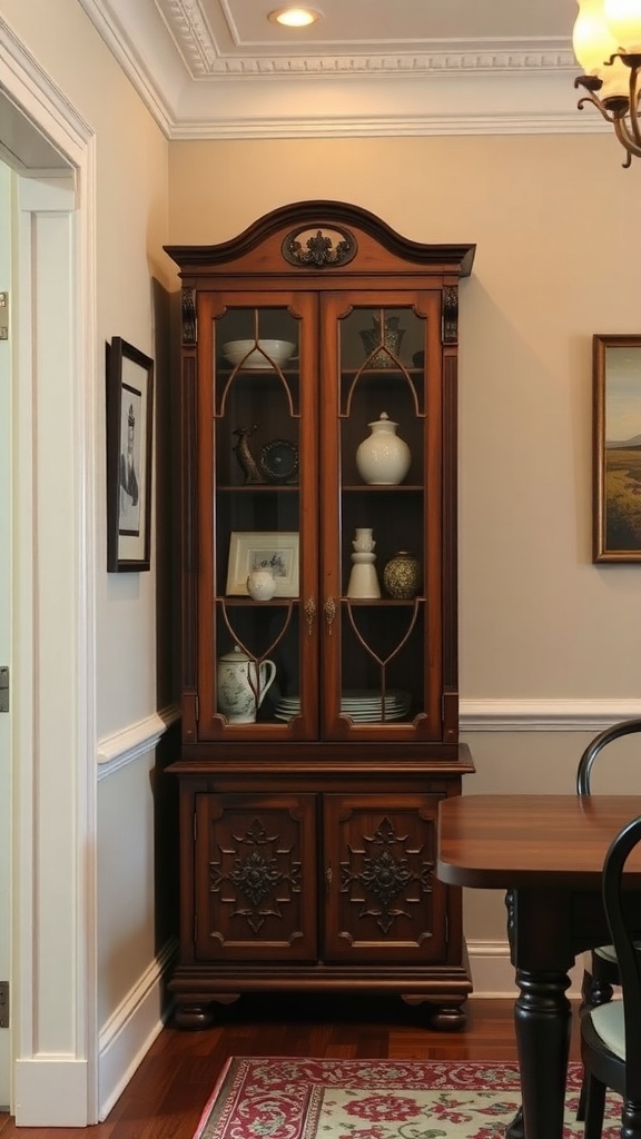 A wooden corner cabinet with glass doors displaying decorative items and dinnerware.