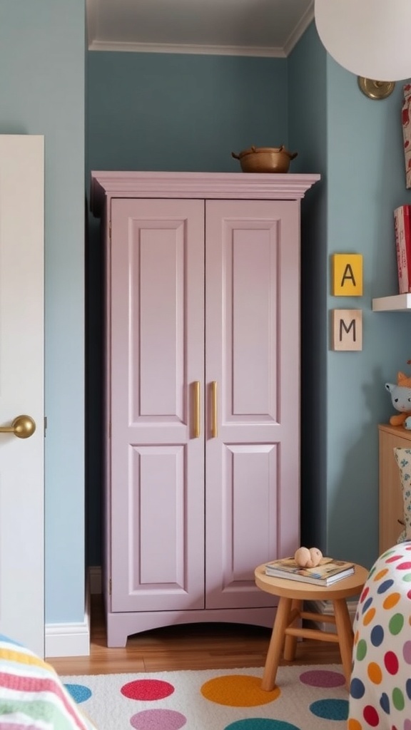 Compact two-door corner wardrobe in soft pink color, fitting neatly into a corner of a kids' room.