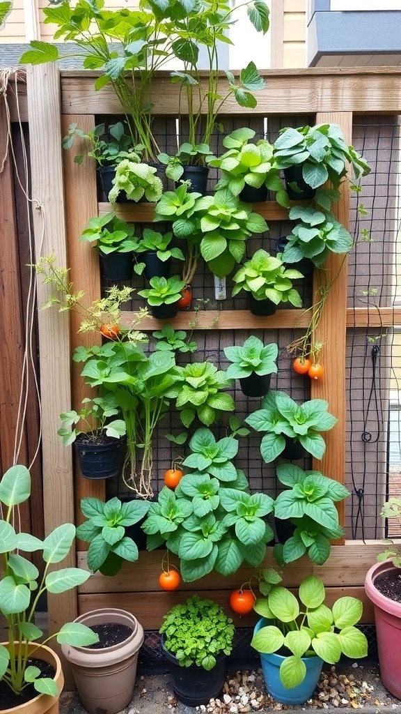 A compact vertical garden design featuring various potted plants arranged on a wooden frame.