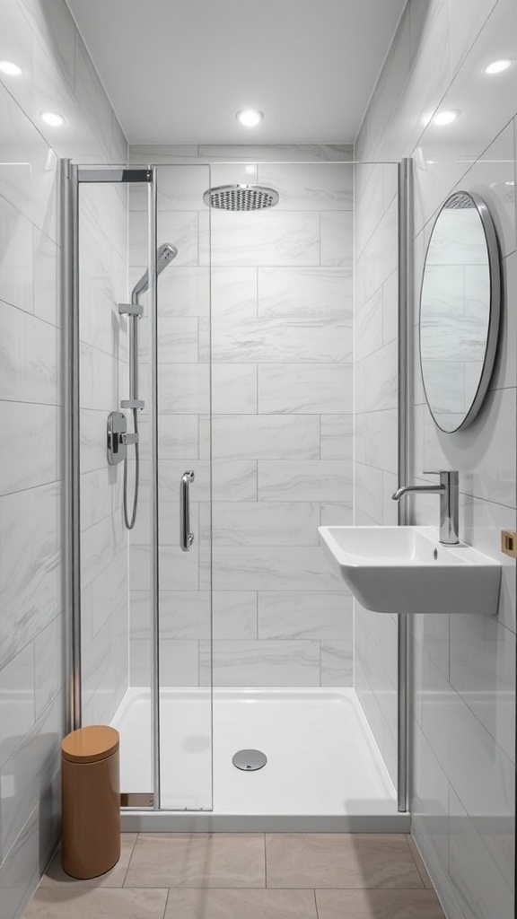 A modern compact wet room layout featuring a frameless glass shower, wall-mounted sink, and light-colored tiles.
