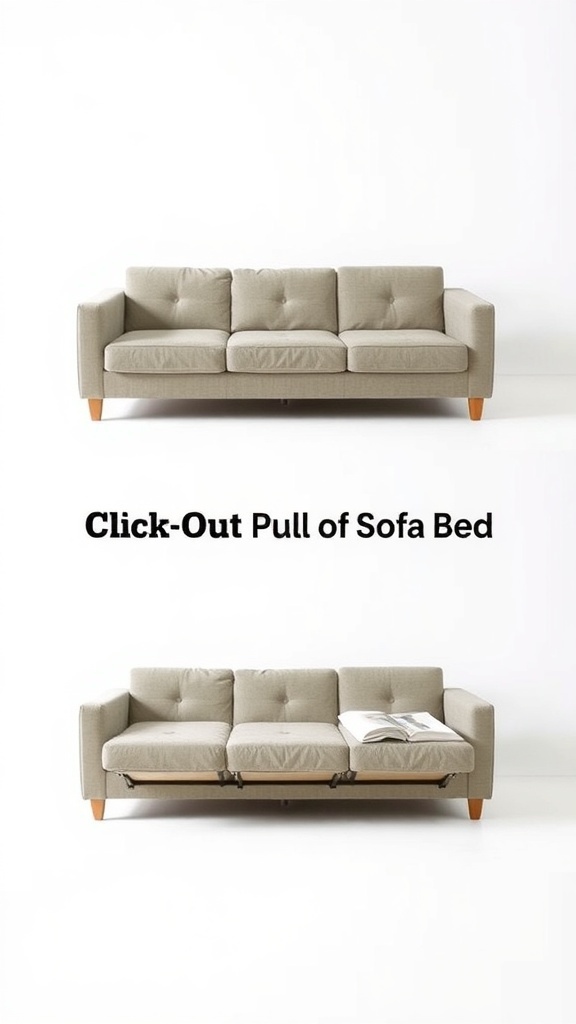 Image of a click-out pull of a sofa bed, showcasing its mechanism and design.