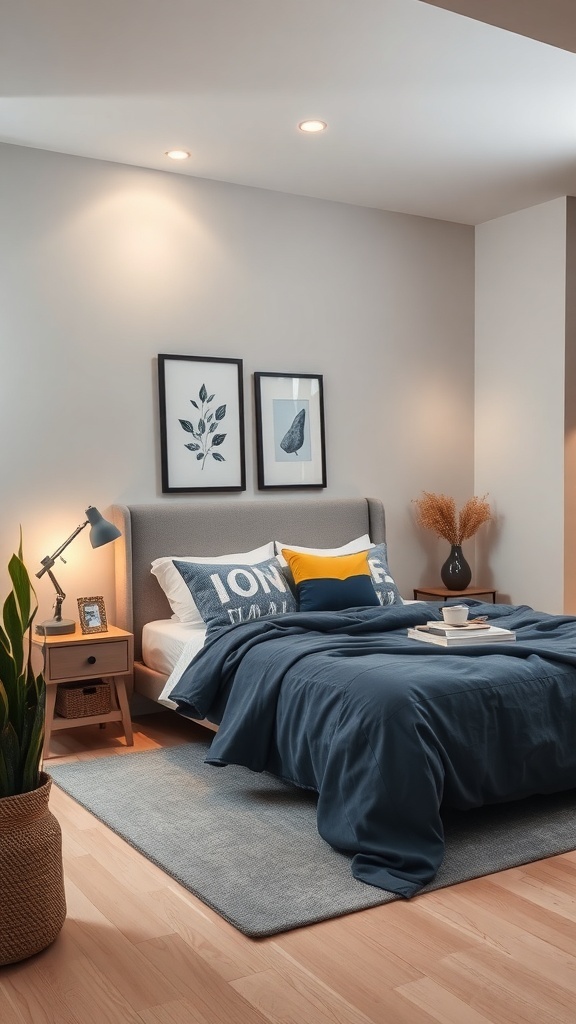 A stylish bedroom featuring gray walls, blue bedding, and yellow accents.