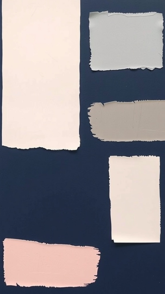 Paint swatches in beige, pale grey, blush pink, and dark grey against a navy blue background.