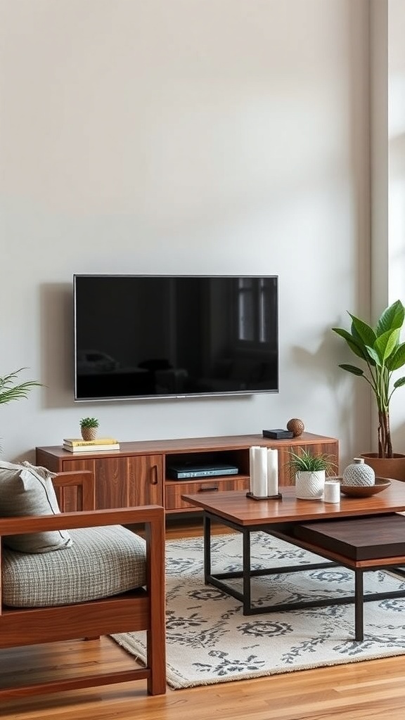 A modern living room featuring a walnut TV stand, armchair, coffee table, and decorative plants.