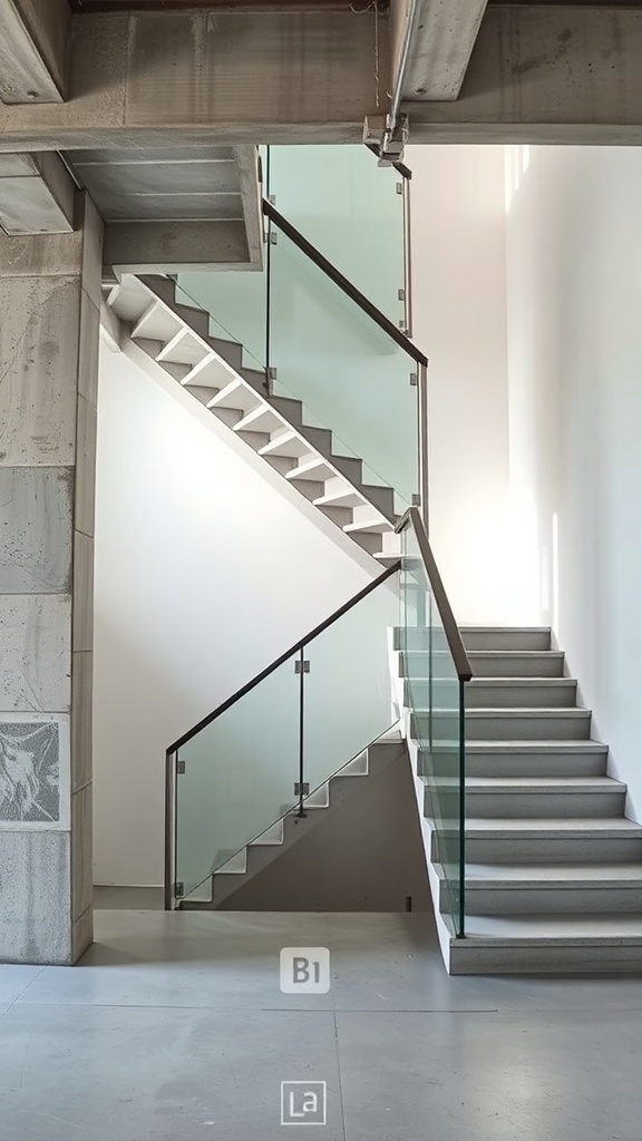 A modern staircase featuring concrete steps and glass balustrades, showcasing a fusion of materials.