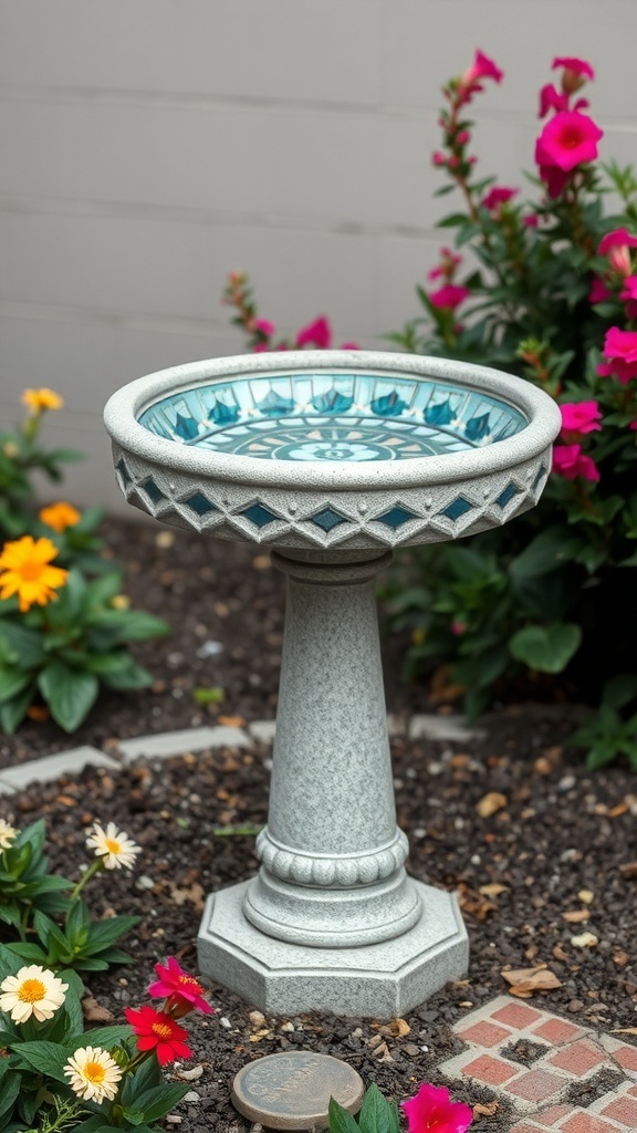 Concrete bird bath with mosaic tile design surrounded by colorful flowers