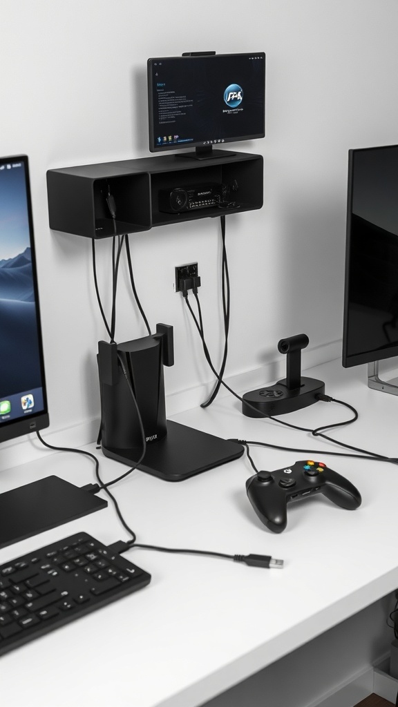 A modern gaming setup featuring a console charging dock and organized cables.