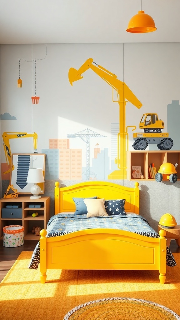 A bright construction-themed kids' bedroom featuring a yellow bed, colorful murals of construction vehicles, and playful decor.