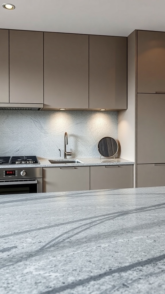 A modern kitchen featuring a steel blue granite countertop with beige cabinetry and stylish fixtures.