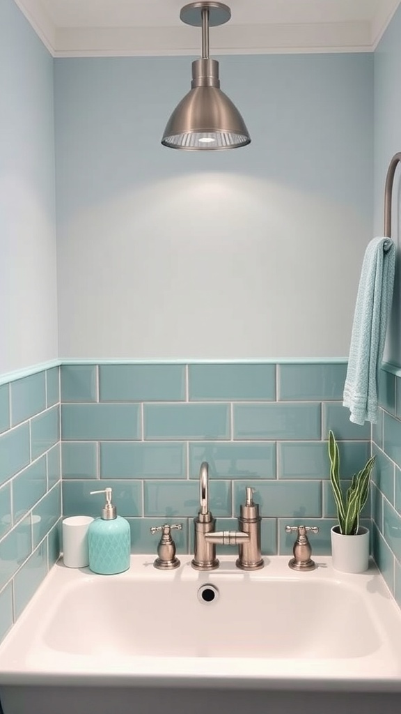 Contemporary bathroom with sea-green wall tiles and modern accessories.