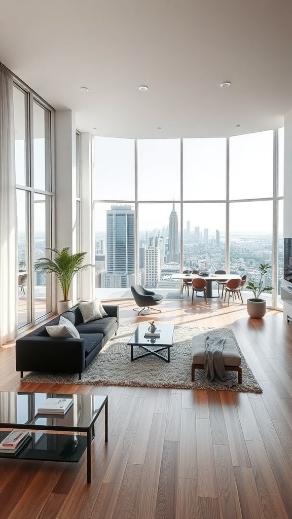A contemporary open living room featuring a black sofa, large windows with city views, and a cozy rug.