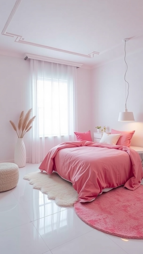 A contemporary pink and white bedroom featuring soft pink bedding, white walls, and natural light from a large window.