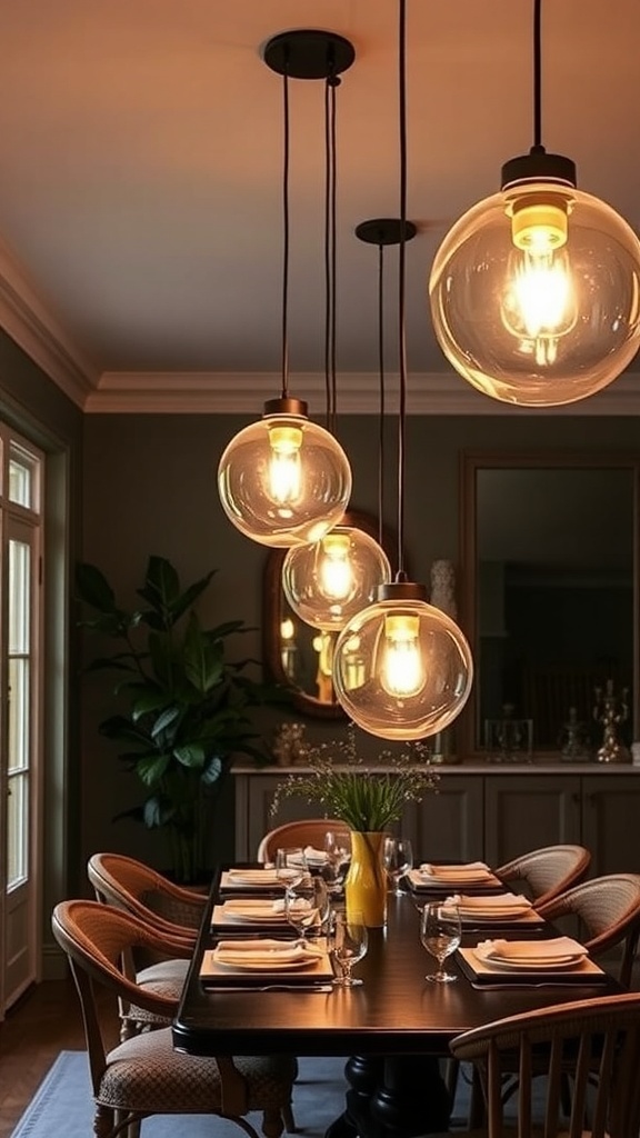 Contemporary dining room with elegant glass pendant lights illuminating a round table set for dinner.