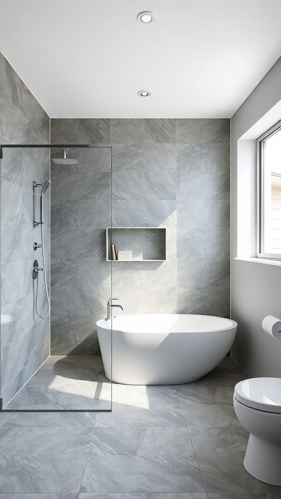 A modern bathroom featuring a transparent wet room with a freestanding tub and gray tiles.
