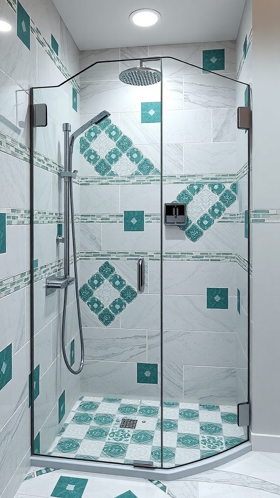 A contemporary walk-in shower featuring green and blue tile designs with a glass enclosure.