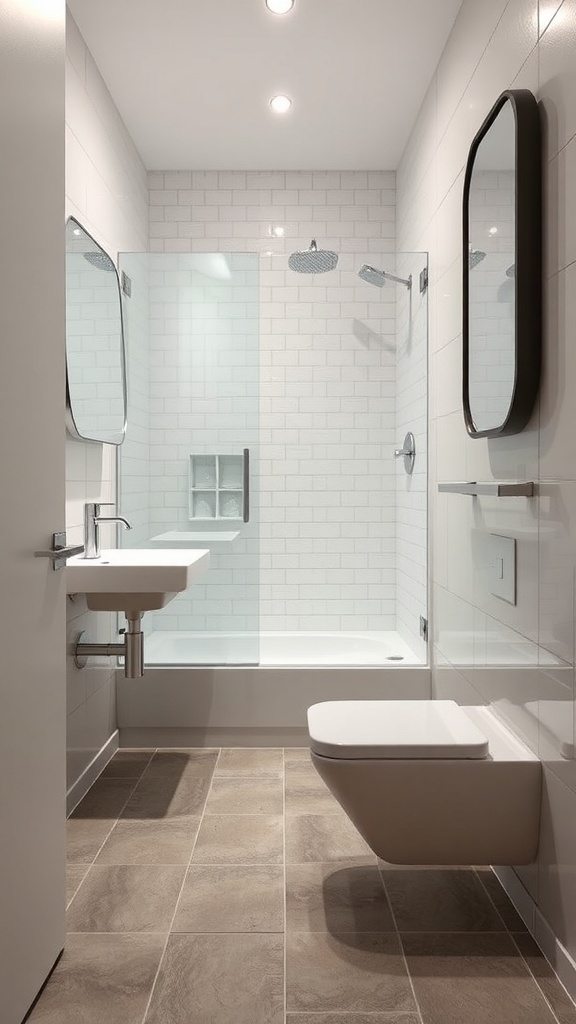 A modern small bathroom with continuous flooring extending into the shower area, featuring sleek tiles and a minimalist design.