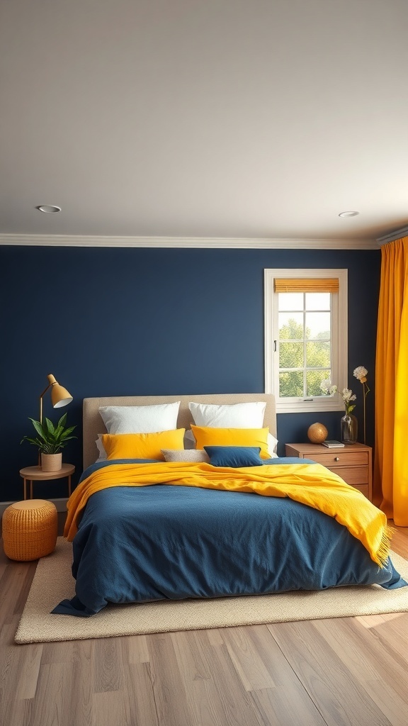 A cozy navy blue bedroom featuring bright yellow accents in pillows and curtains, with natural light coming through the window.