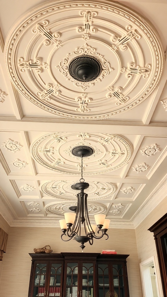A beautifully detailed ceiling medallion in a light-colored ceiling with a chandelier below.