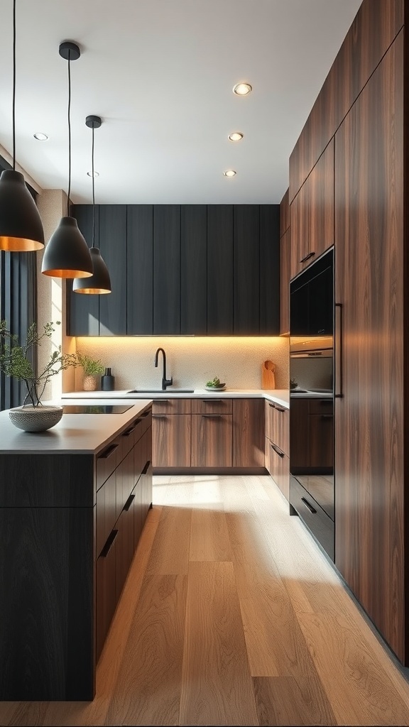A modern kitchen featuring contrasting dark and light wood cabinetry with stylish lighting.