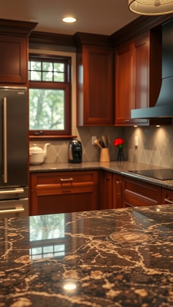 A kitchen featuring Sapphire Brown Granite countertops with rich brown and subtle blue tones, complemented by wooden cabinetry and modern fixtures.