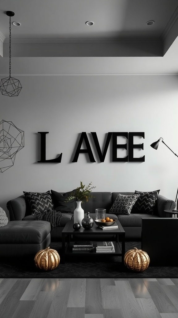 A modern living room featuring dark decor with golden pumpkins, showcasing a stylish Halloween theme.