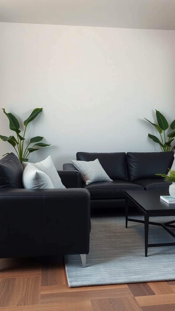 A living room featuring black leather sofas, a light rug, and indoor plants.