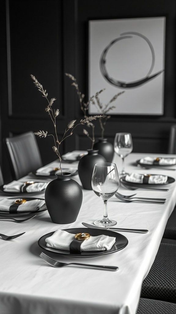 A modern dining table setting featuring black vases, white linens, and elegant tableware.