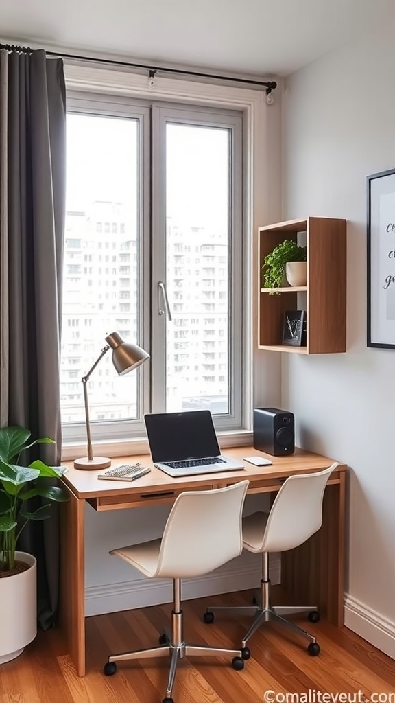 A convertible corner desk in a small space with a laptop, two chairs, and a plant.