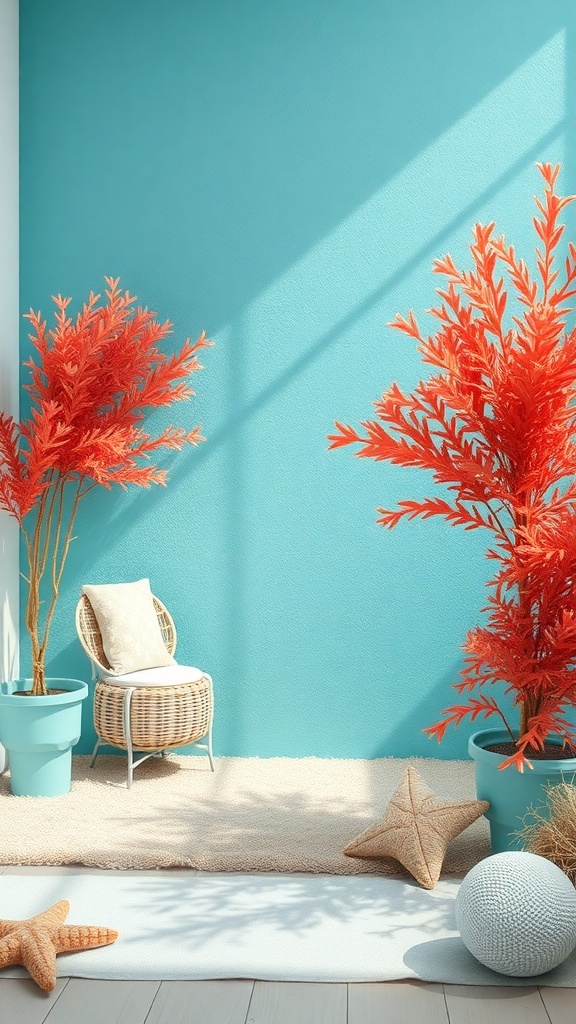 A room featuring a cool aqua wall with vibrant coral plants, a wicker chair, and natural textures.