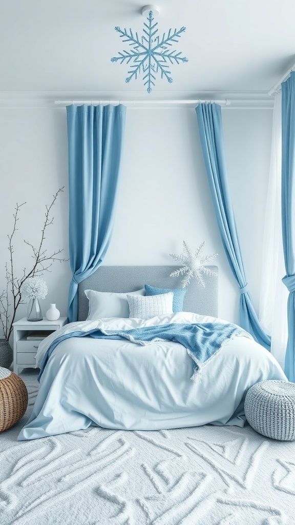 A serene bedroom featuring cool blue curtains and bedding, with white walls and a snowflake decoration on the ceiling.