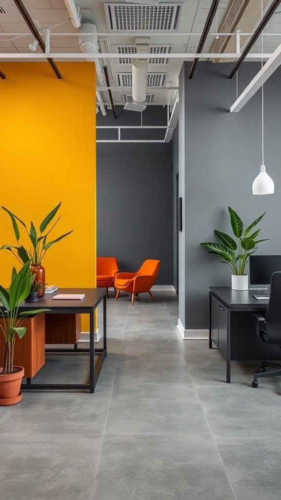 An office space featuring cool gray walls with warm yellow and orange accents, showcasing a modern design.