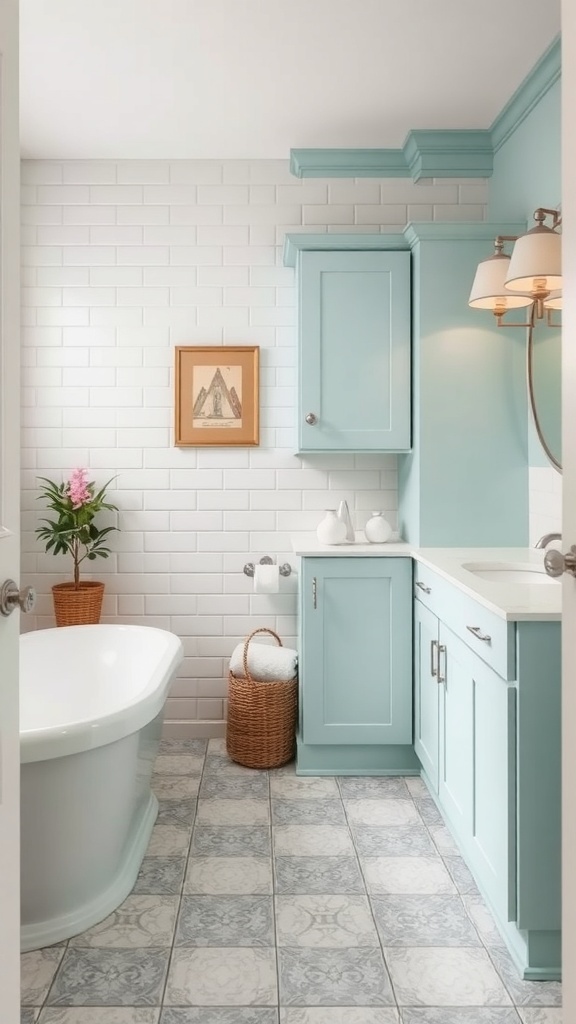 A bathroom featuring cool mint cabinets, gray flooring, and white subway tiles, creating a fresh and inviting atmosphere.