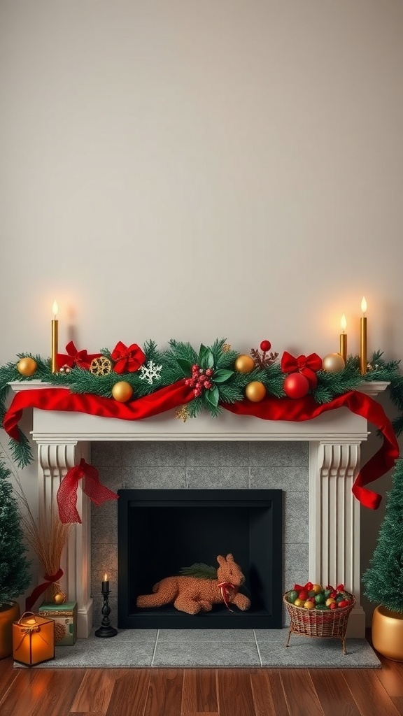 A beautifully decorated fireplace mantel for Christmas featuring red ribbons, gold ornaments, and lush greenery.