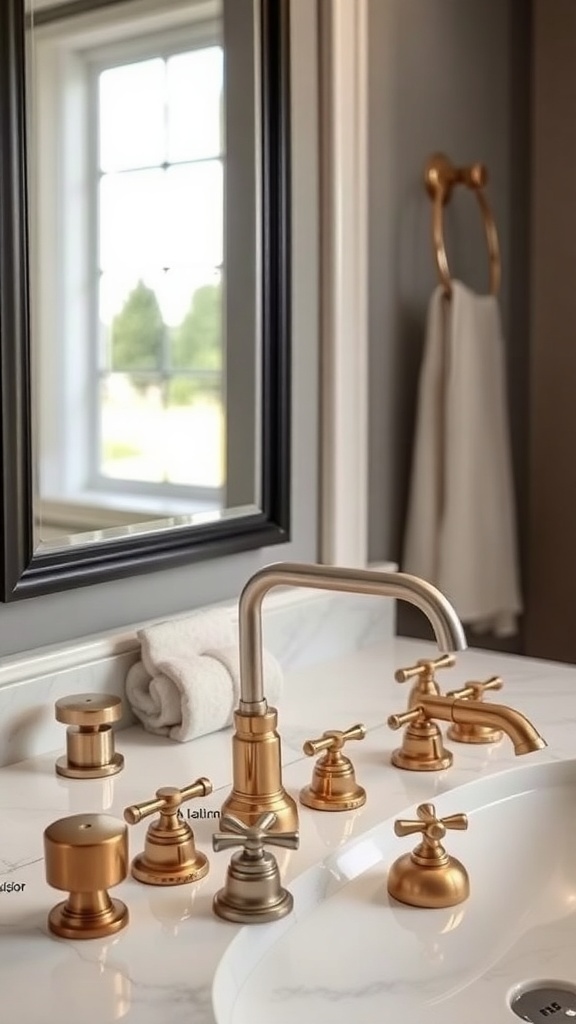 An array of stylish bathroom fixtures in warm metallic tones, including a faucet and various knobs, displayed on a marble countertop.