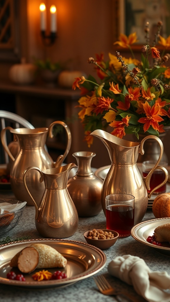 A table setting featuring copper pitchers, a glass of drink, and a floral arrangement with autumn colors.
