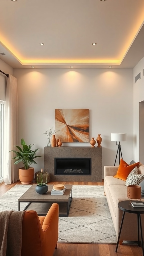 A cozy living room featuring copper brown highlights with a neutral backdrop, decorative vases, a green plant, and warm lighting.