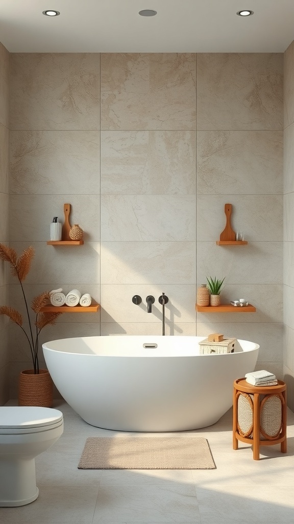 A tranquil bathroom featuring warm tones, natural textures, and eco-friendly design elements.