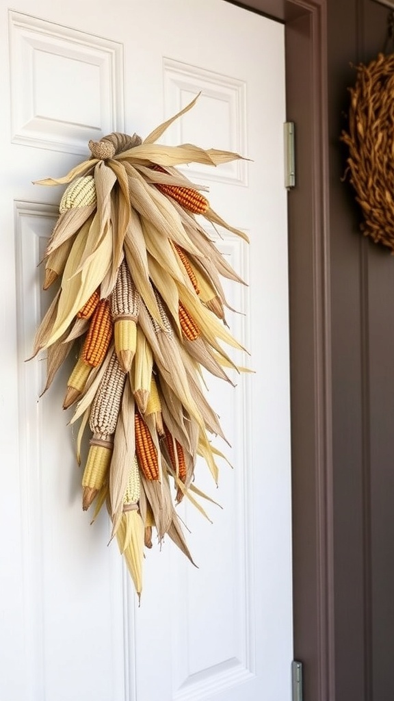 A corn husk swag decoration featuring dried corn husks and colorful ears of corn, hung on a white door.