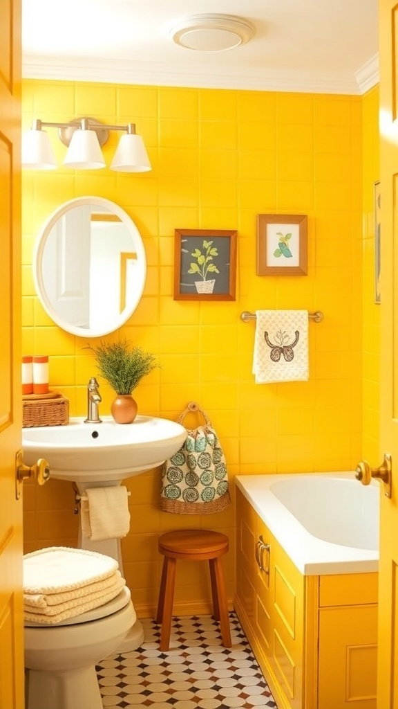 Bright corn yellow bathroom with playful decor and fixtures.