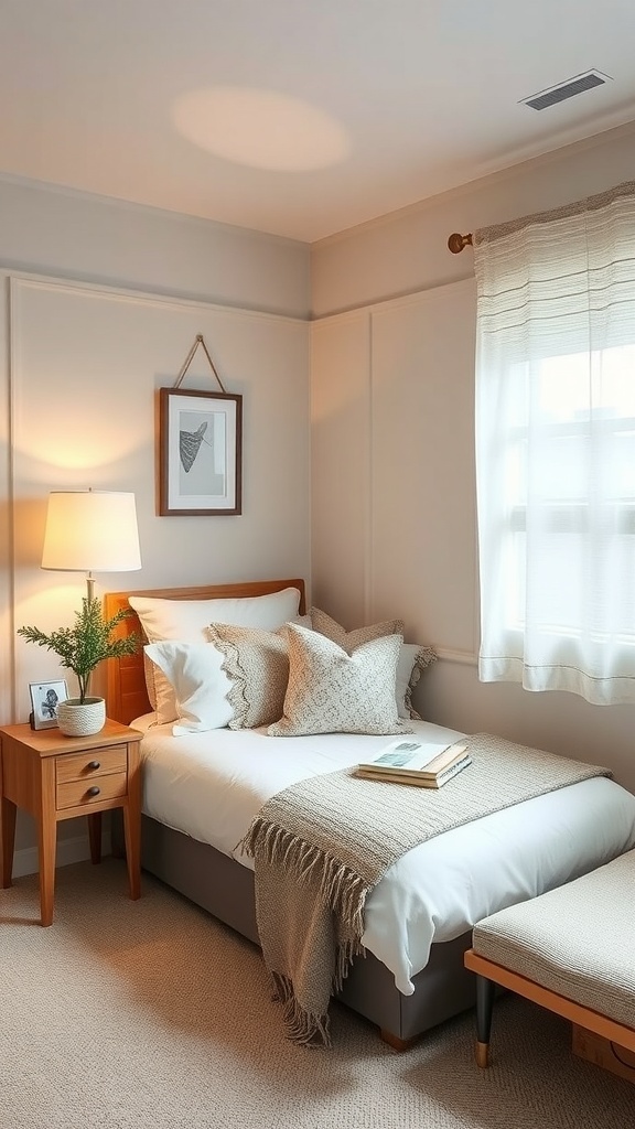 A cozy corner bed setup with warm colors and soft textures, featuring a bedside table and decorative pillows.