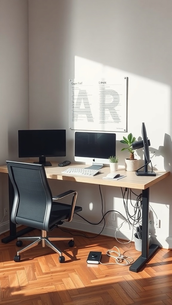 A modern corner desk with hidden cable management, featuring two monitors, a keyboard, and a plant.