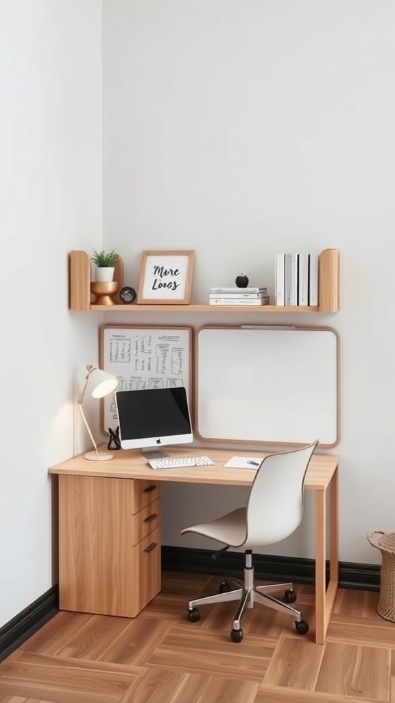 Stylish corner desk with multi-functional features, including a shelf and whiteboard surface.