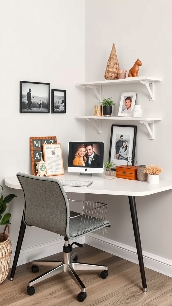 A modern corner desk setup featuring personal touches like framed photos, a plant, and decorative items.